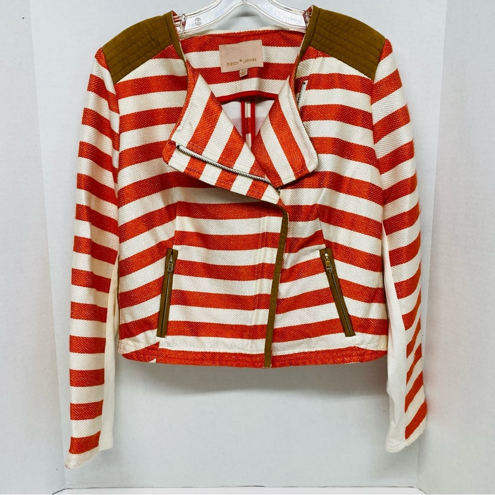 Gibson Latimer Striped Jacket Moto Jacket Orange/Coral Beige Medium Zip Front - Picture 2 of 16